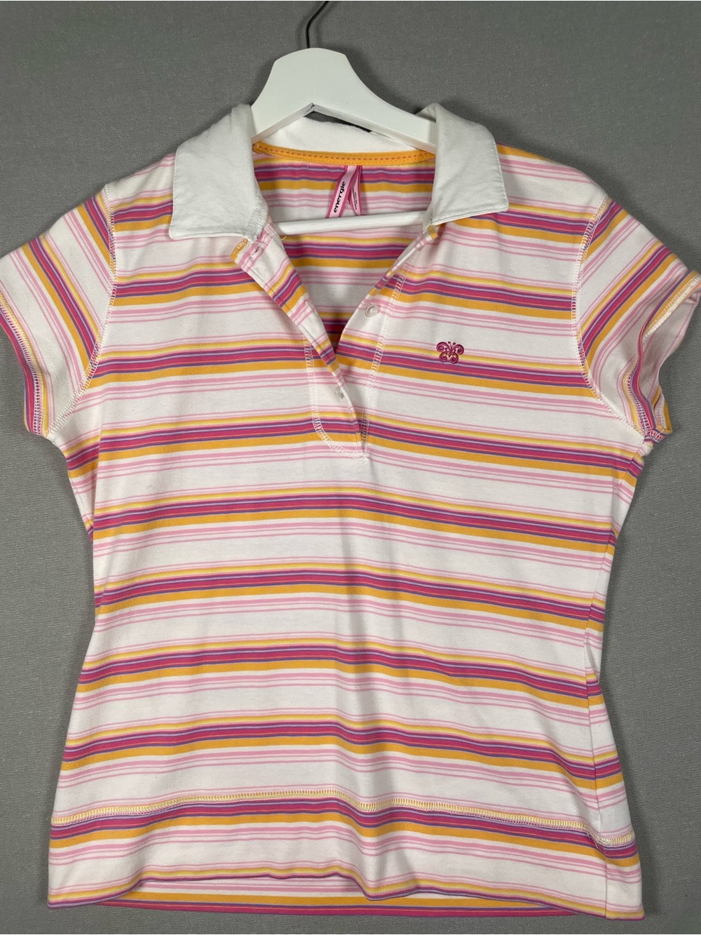 Vintage Y2K Energie Striped Polo Shirt Pink Orange Butterfly Embroidered Size XL